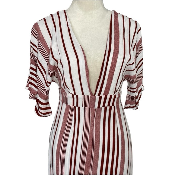 Lulu's Women's Dark Red White Stripped Low Wide Leg Romper Jumpsuit - Picture 7 of 11